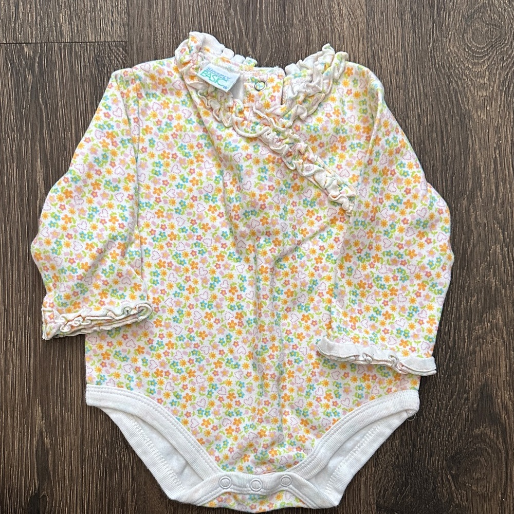 Simply Basic Vintage Long Sleeve Floral Baby Bodysuit with Ruffles